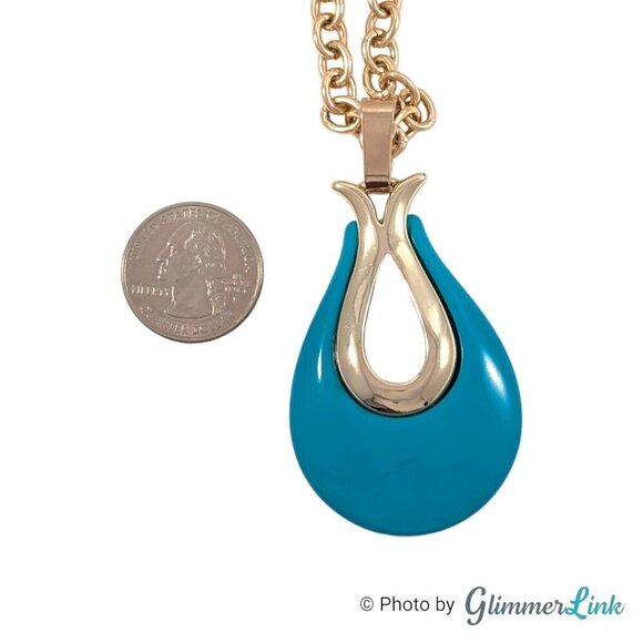 Vintage Sarah Coventry Triple Treat Teal Teardrop Gold Tone Pendant Necklace - Picture 6 of 11